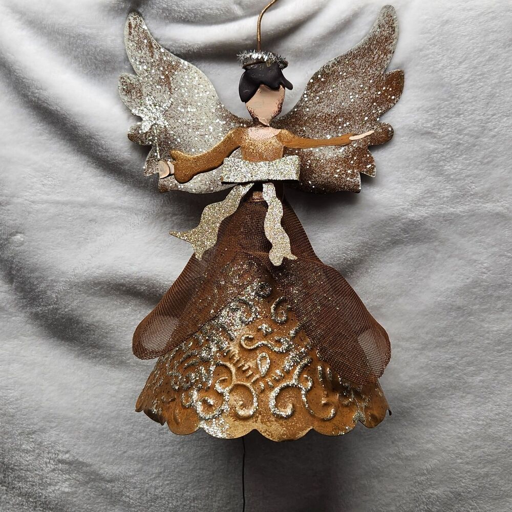 Vintage Handmade Metal Punched Tin Glitter Silver Bronze Angel Ornament